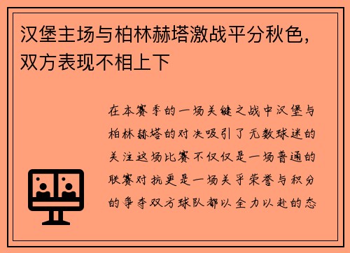 汉堡主场与柏林赫塔激战平分秋色，双方表现不相上下