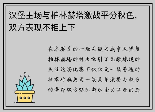 汉堡主场与柏林赫塔激战平分秋色，双方表现不相上下