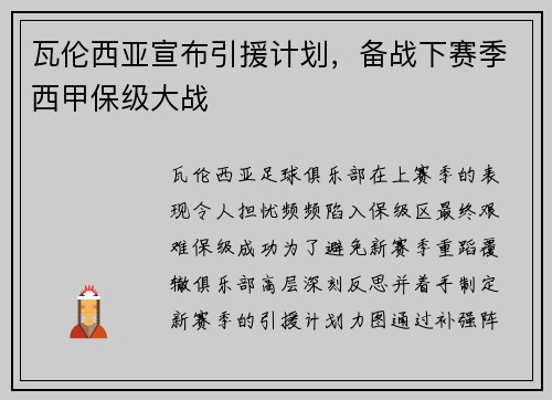 瓦伦西亚宣布引援计划，备战下赛季西甲保级大战